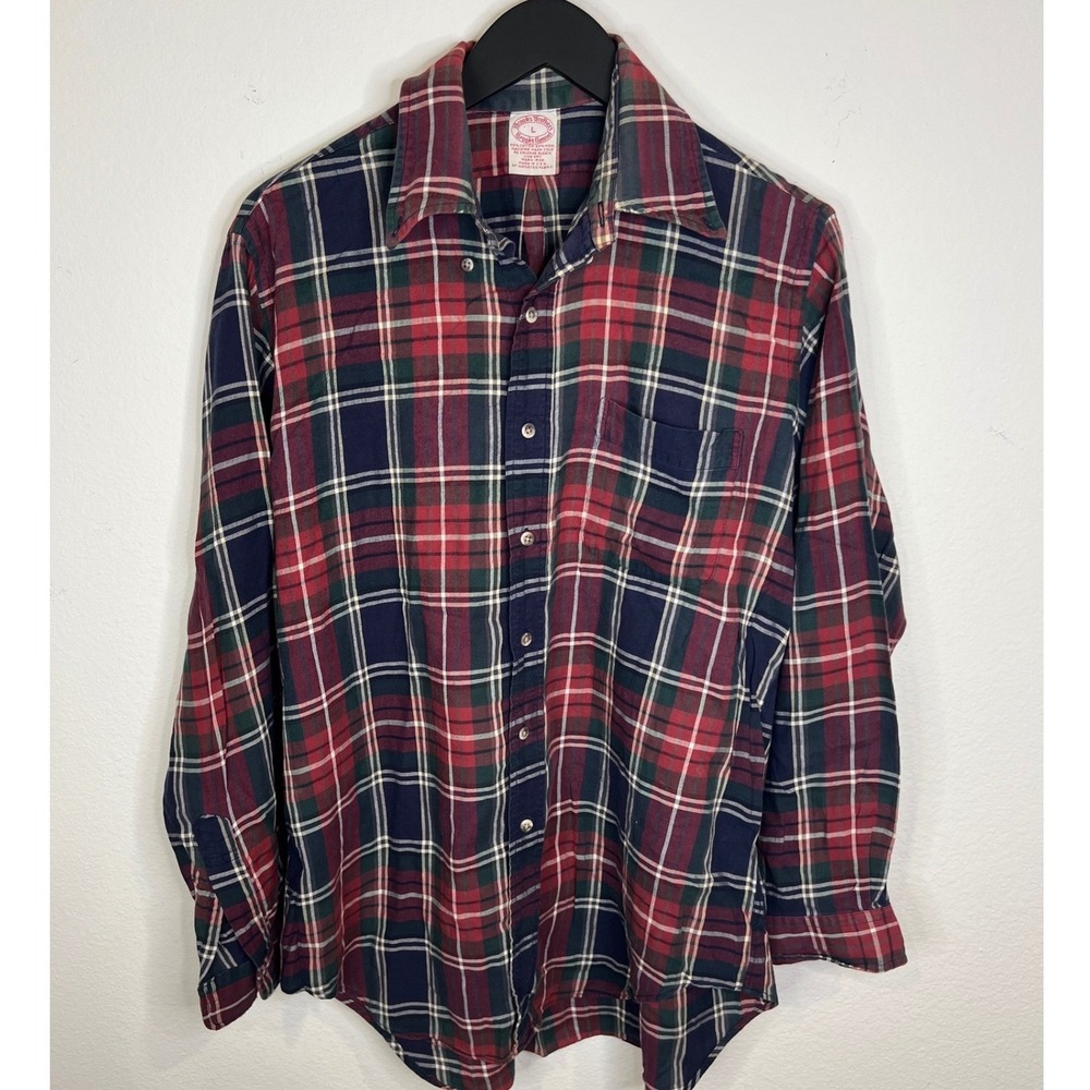 Brooks Brothers Mens Flannel Shirt Wool Blend Plaid Red Navy Large